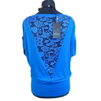 Bluzka z krótkim rękawkiem kimono z koronką na plecach - chabrowa